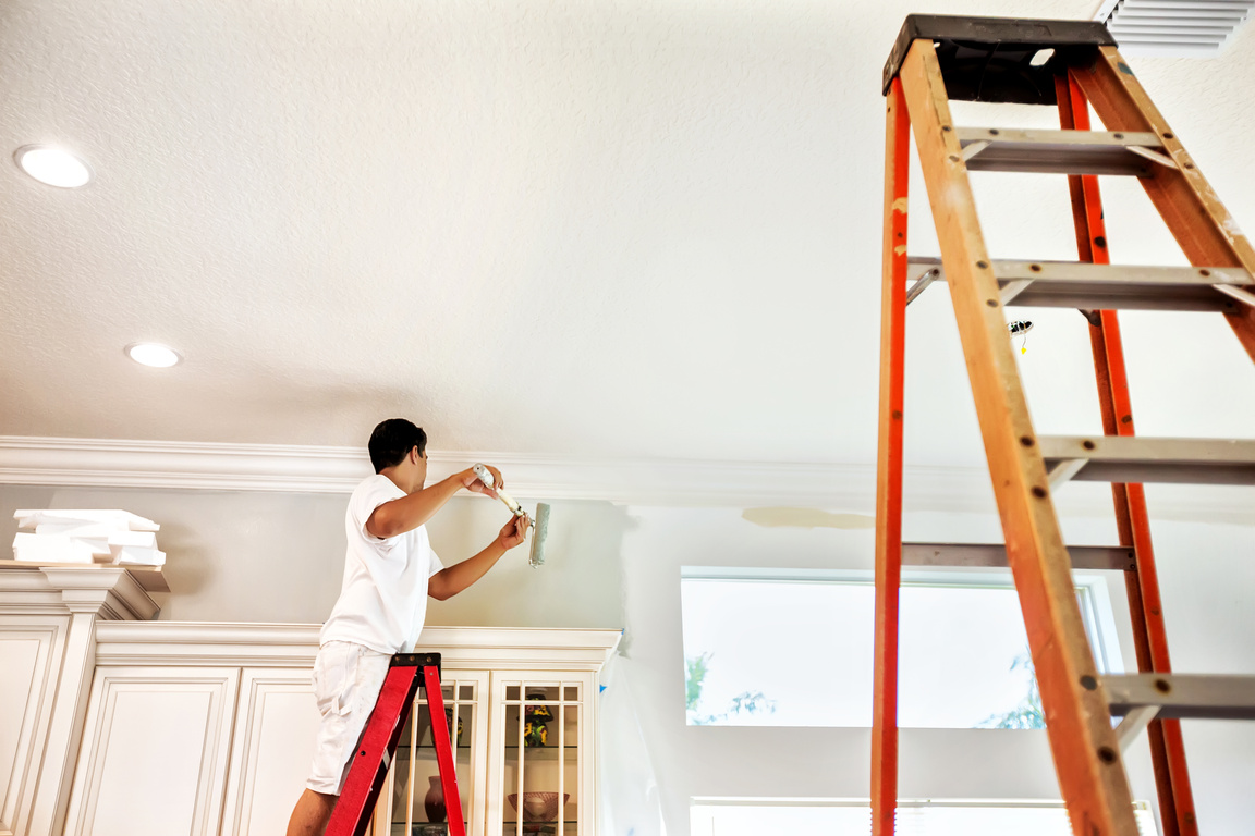 House painter painting wall with a paint roller